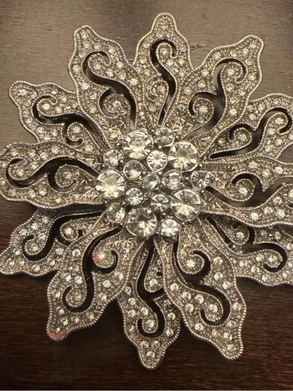 Source Unknown Silver Crystal Snowflake Brooch